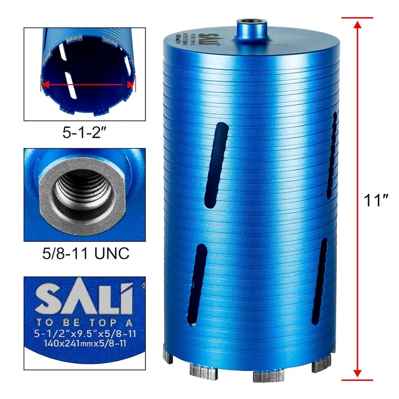 SALI Diamond Core Drill Bits 5 1/2" Diameter 10"/254mm Drilling Depth 5/8-11" Thread Core Bit Turbo Laser-Welded Segments for Cured Concrete with, Brick, Block, Masonry, with Two Adapters - Image 2